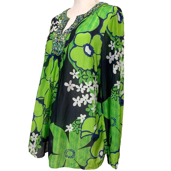 Lafayette 148 Green Mod Floral Print Beaded Tunic - Picture 14 of 15